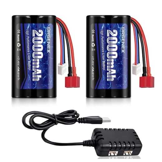 URGENEX Li-ion Battery 7.4V 2000mAh with Dean-Style T Plug 2S Rechargeable RC Battery Fit for WLtoys 4WD High Speed RC Cars and Most 1/10, 1/12, 1/16 Scale RC Cars Trucks with 1TO2 USB Charger