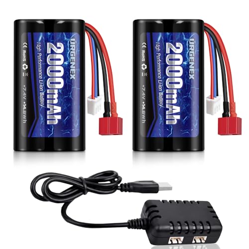 URGENEX Li-ion Battery 7.4V 2000mAh with Dean-Style T Plug 2S Rechargeable RC Battery Fit for WLtoys...