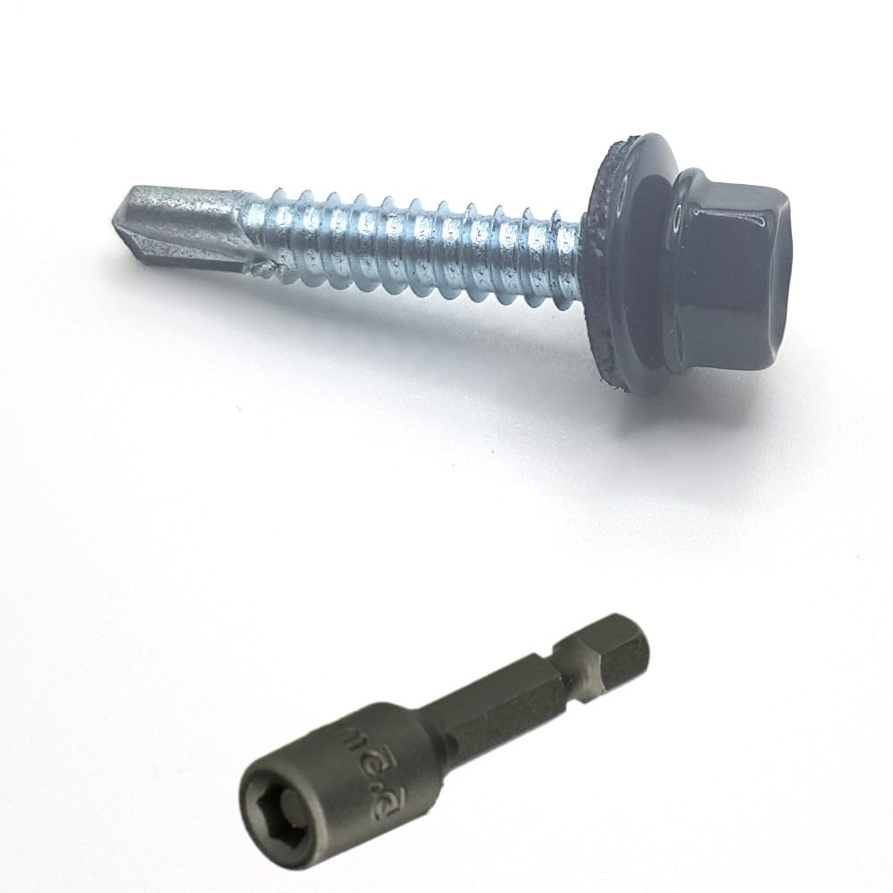 Selbstbohrschrauben, 6,3 x 38 mm, RAL 7016, Anthrazitgrau, Sechskant, verzinkt, 100 Stück + 1 Fassung