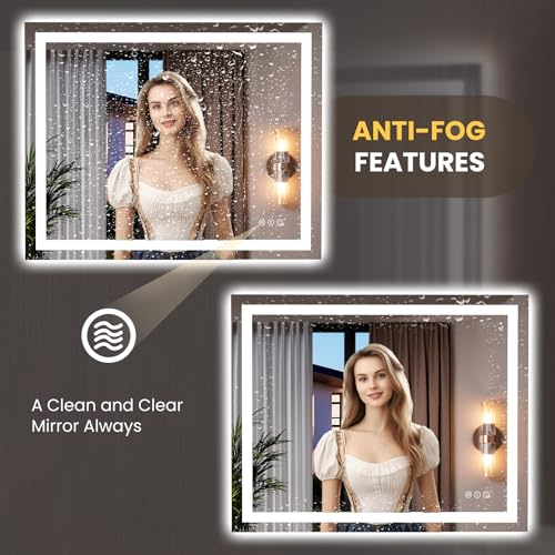 Image of LOAAO 39.4 inchx31.5 inch LED Mirror for Bathroom, Lighted Bathroom Mirror with Lights, Anti-Fog, Dimmable, Memory Function, Clear Reflection
