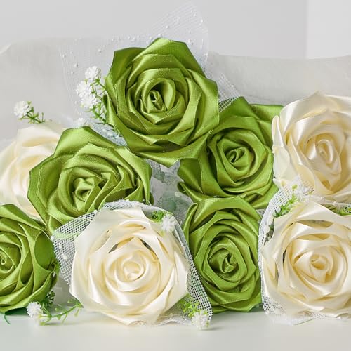 Image of Mauproy 1-1 /2 Inch Wide Olive Green Satin Ribbon, 50 Yards Solid Polyester Fabric Ribbon for Flower Bouquets, Gift Wrapping, Wedding Decorations, Handmade Crafts