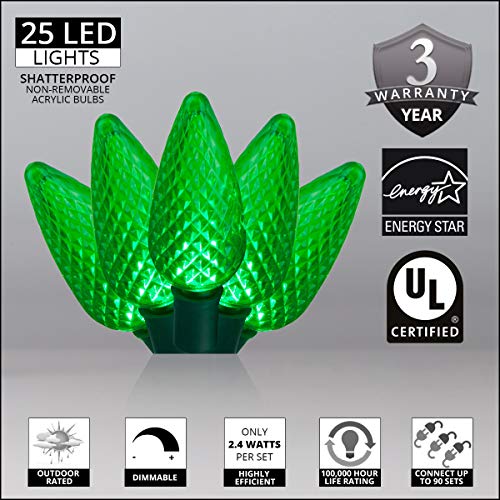 C9 Green Christmas Lights Set Of 25, 17 Ft, Green Led String Lights, St Patricks Day Lights Halloween Lights Party Indoor-Outdoor Christmas Lights C9 Led Christmas Lights Halloween Decorations Outdoor #TOP1