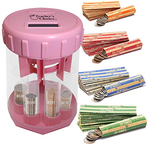 Digital Coin Counter & Automatic Coin Sorter - Perfect for Teachers, Keeps Count & Automatically Sorts U.S. Coins into Individual Tubes, Comes with 20 Coin Wrappers (Pink)