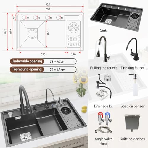 Fregadero de cocina moderno y fácil de limpiar en acero inoxidable negro con sifón completo 8