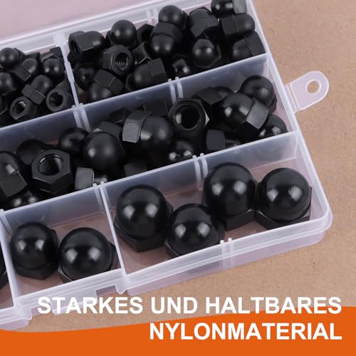 Hutmuttern Hohe Form Set 185stk M3/M4/M5/M6/M8/M10/M12 Sechskant Hutmuttern Verzinkt Hutmutter Korrosionsbeständigkeit Kuppelmuttern Hutmuttern für Möbel Fahrzeugbefestigungen(Schwarz/Nylon)