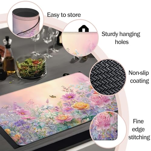 Image of Spring Wildflowers Butterflies Stove Cover for Electric and Glass Stove Tops 3-in-1 Stove Mat, Heat Resistant Counter Protector Mat, Non-Slip Surface & Drying Rack, 28.5 inchLx20.5 inchW