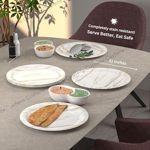 Image of Castleite Piccolo Melamine Dinner Plates Set of 6 - Full Size 11', Break Resistant, Round Designer Plate for Eating or Serving in Home, Kitchen Use or Cafe, Stainless (Rosin Cream)