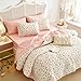 Wake In Cloud - Floral Quilt Set, Coquette Cottagecore Shabby Chic Flower Pattern for Women Teen Girls, Reversible Lightweight Bedspread Coverlet, 3 Pieces, Peach Blush, Twin/Twin XL Size