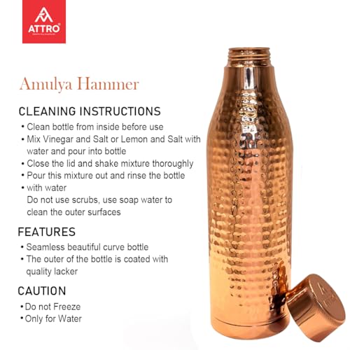 Image of ATTRO Amulya Copper Bottle Design Boosts Immunity Leakproof & Lightweight |Anti-Bacterial, BPA Free with Secure Cap for School, Travel, Gym & Work 1000ml Hammer