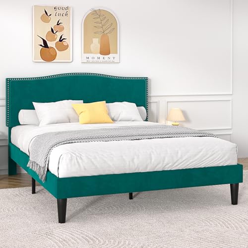 VECELO Queen Bed Frame, Platform Bed Frame with Adjustable Height Upholstered Headboard, Heavy-Duty Frames and Strong Wooden Slats Support, Non-Slip and Noise-Free, Easy Assembly, Dark Green by VECELO - Used condition - Image 4