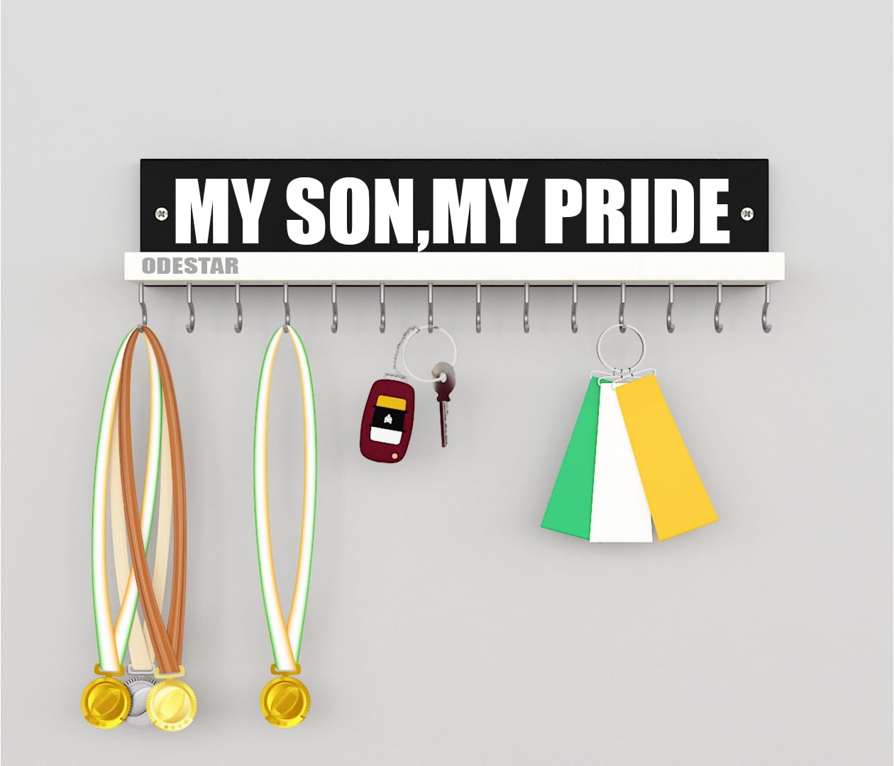 See full amazon price history chart for Odestar - Wooden Medal Holder Hanger Award, Medal Display Rack & Trophy Shelf Wall Mounted | My Son,My Pride |Engineered Wood - Black & White with 14 - Hooks Odestar - Wooden Medal Holder Hanger Award, Medal Display Rack & Trophy Shelf Wall Mounted | My Son,My Pride |Engineered Wood - Black & White with 14 - Hooks (B0CBW2WQ8K) Amazon Price History, Amazon Price Tracker