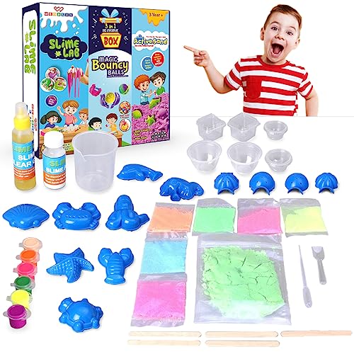 Image of Wembley 3-in-1 Creative Activity Kit for Kids - Slime Lab Set, Sand Art Kit & Magic Bouncy Ball DIY Craft Box | Indoor Play & Learning Toy