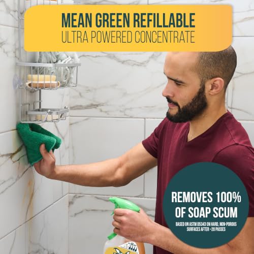 Image of Mean Green Refillable Ultra Powered Bathroom Cleaner Concentrate, Tropical Breeze, 14.3 fl oz (2-Pack) - Plant & Mineral Based, Removes 100% of Soap Scum, Refillable Bottle Makes 4X Refills