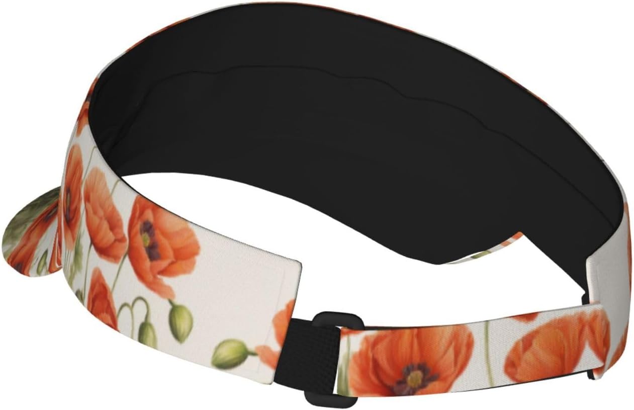 Poppy Flowers Print Sports Sun Visor Hats Adjustable Running Golf Tennis Sun Cap for Women Men Black