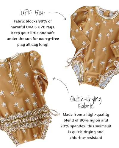 Caden Lane Long Sleeve Rash Guard with Ruffle Bottom, Girls Swimwear with UPF 50+ Sun Protection, Quick-Drying, Sun and Chlorine Resistant Fabric Beachwear, Island Vibes, 12-18 Months3