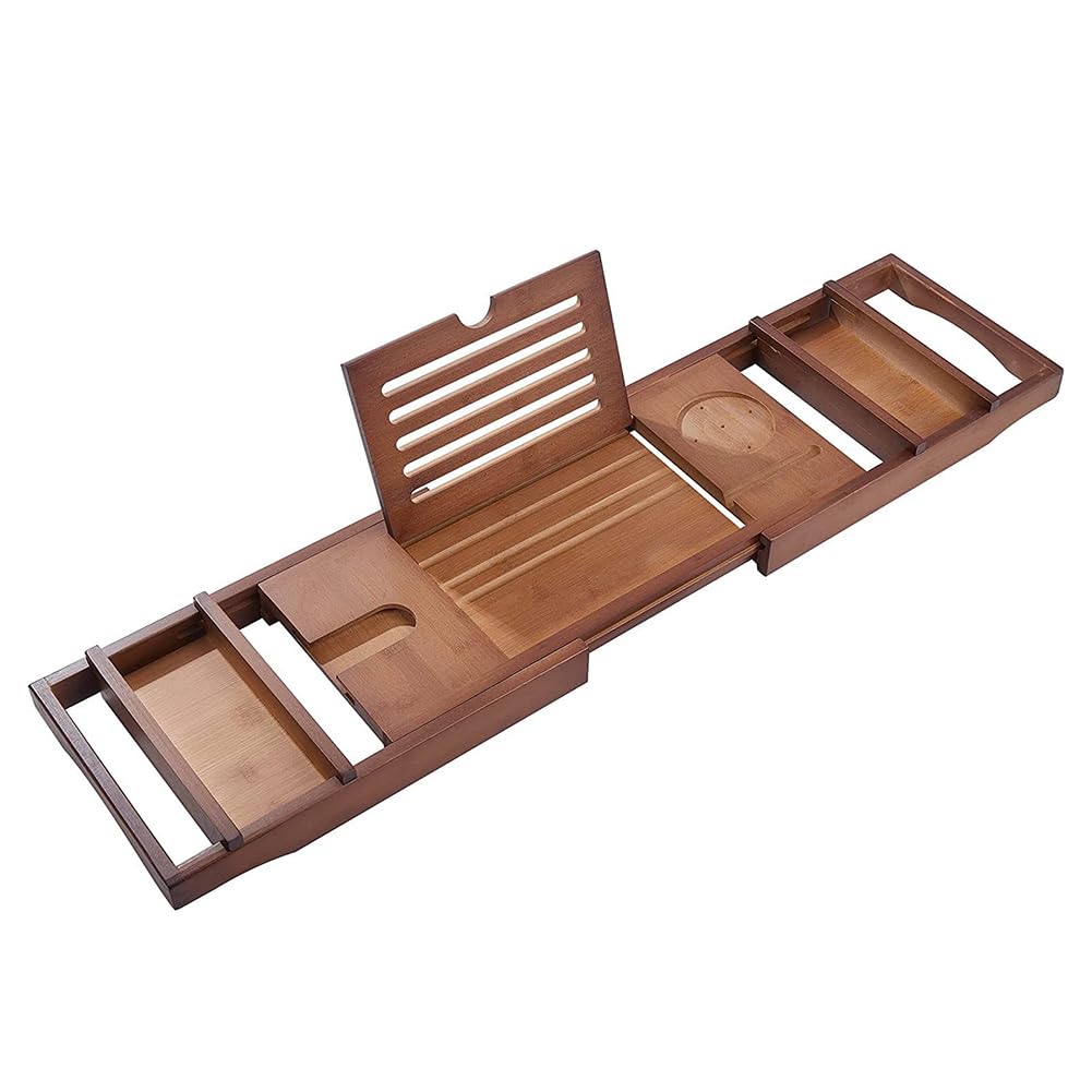 TsoLay Vassoio per Vasca da Bagno in bambù, Vassoio da Tavolo per Vasca da Bagno con leggio o Supporto per Tablet, espandibile Fino a 110 cm, per Doccia da Bagno, Marrone