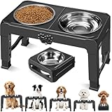 COMESOON Elevated Dog Bowls, 5 Adjustable Heights (3.9"-13.4") Raised Dogs Food Bowl Stand for Medium Large Sized Dogs, Non-Slip Foldable Travel Pet Feeder Black with Stainless Steel Bowls