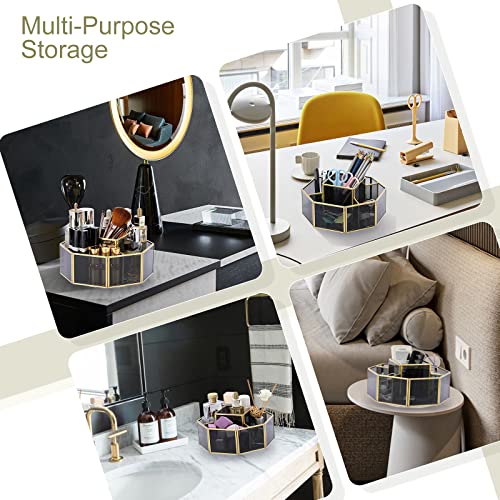 Elldoo 360 Degree Rotating Octagon Makeup Organizer, Gold Metal Black Clear Glass Cosmetic Storage With 5 Slots, Brushes Nail Polish Skincare Perfume Lipstick Holder For Desktop Dresser Office #TOP2