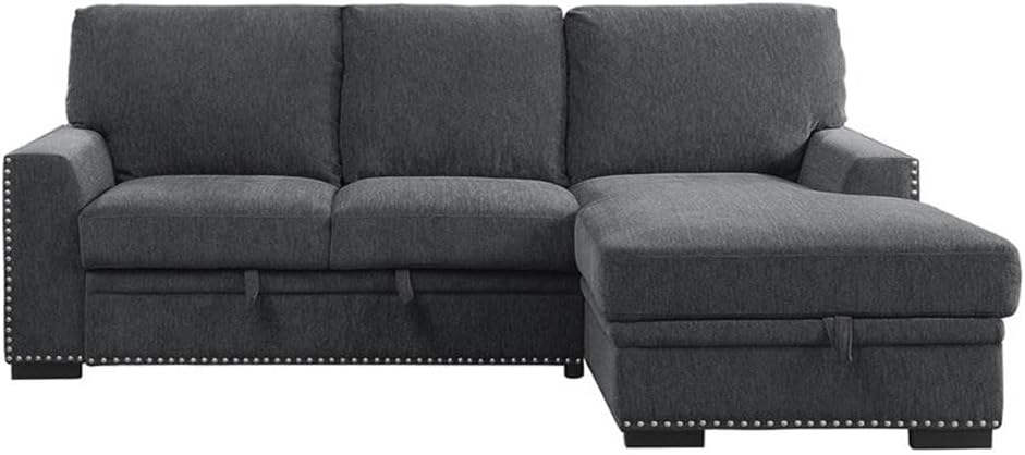 Pemberly Row Chenille Sectional Sofa, Gray Upholstered with Right Chaise, Pull-Out Bed, Hidden Storage, Nailhead Trim, Foam Cushion and Pocket Coil Support, 96 in Width for Living Room or Family Room