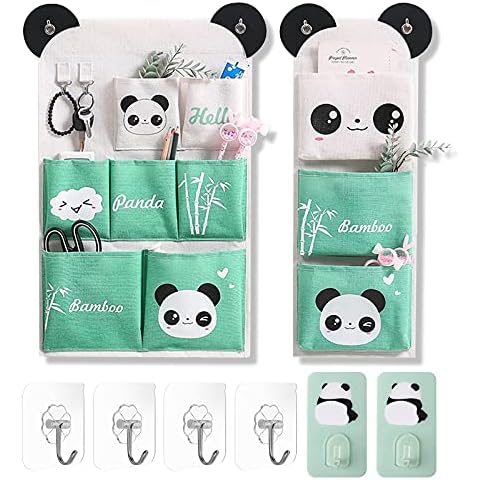 pandaonly 2 Wall Hanging Storage Bag,Linen Cotton Fabric Waterproof Pocket Organizer Bag with 6 Hooks,Over the Door/Wall for Bedroom Bathroom Closet Home Organizer Cover