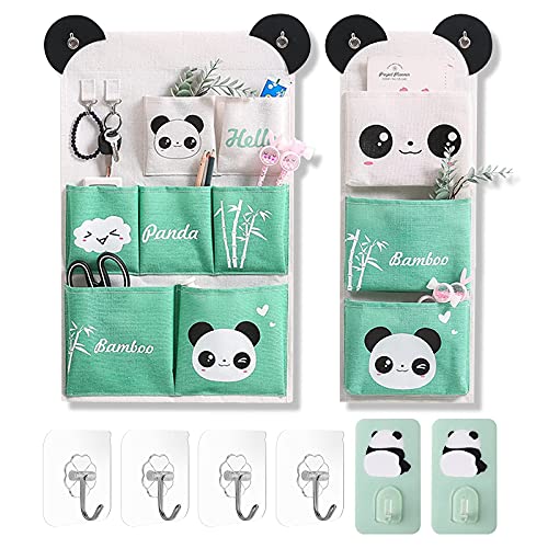 pandaonly 2 Sac de Rangement Mural, Sac de Rangement de Poche imperméable en Tissu de Coton et Lin avec 6 Crochets, au-Dessus de la Porte/du Mur pour l'organisateur de Placard de Chambre Cover