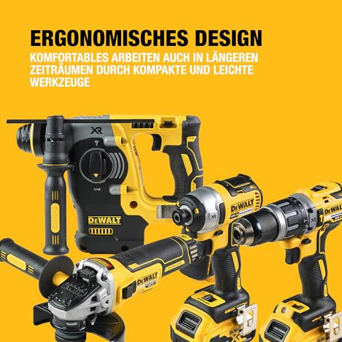 DEWALT 18 Volt Kombo-Pack (1x Schlagbohrschrauber DCD796, 1x Schlagschrauber DCF887, 1x SDS-Plus Kombihammer DCH273, 1x Winklelschleifer DCG405, 3x 18 V 5 Ah Akkus, Ladegerät, 2x Boxen), DCK422P3T-QW