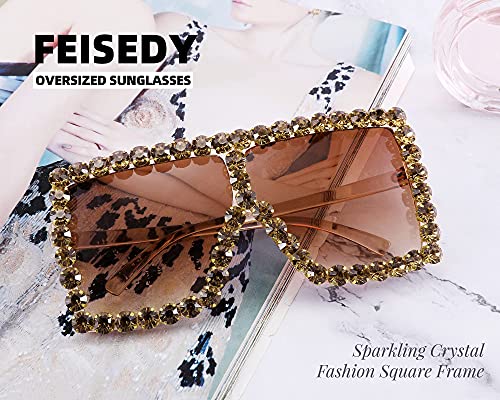 FEISEDY Oversized Sparkling Crystal Sunglasses Disco Diamond Flat Top Fashion Square Large Shades B27824