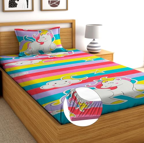 Image of DECORUM Glace Cotton All Around Elastic Fitted Single Bedsheet (72 inchx48 inch) with 1 Pillow Cover | Soft, Smooth & Wrinkle-Free Fabric | Fits Up to 6 inch Mattress | 200-220 TC