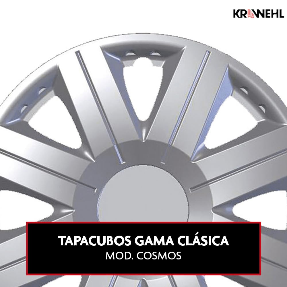 KRAWEHL - Juego de 4 Tapacubos de 14 Pulgadas - Modelo Cosmos - Cubre Llantas - Fácil de Instalar - Anillo de Sujección Ajustable - Resistente a los Golpes - Realizado en ABS - Color Plata