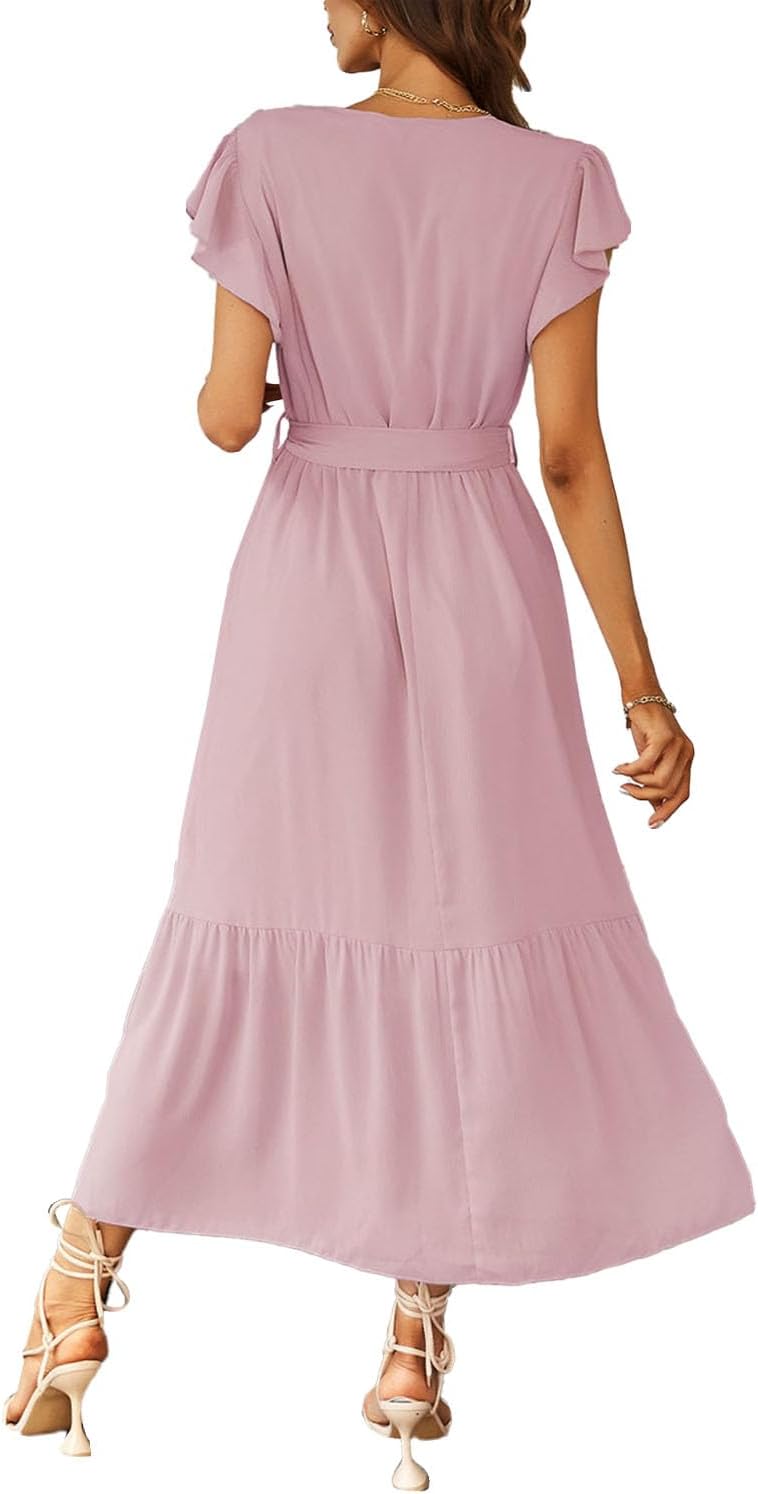 prettygarden women's summer floral boho maxi dress short sleeve wrap v neck ruffle long flowy beach wedding guest dresses solid pink x-large