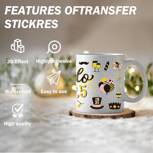 Feliz Ano Novo UV DTF - 8 folhas Hello 2025 Uvdtf Tumbler Wraps para garrafa de água de vidro de 473