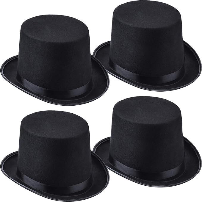 ASMIZ 4 Pack Black Felt Top Hats Bulk, Halloween Funny Party Hats for Men Costume Party Accessory Magician Stovepipe Hat for Cosplay, Christmas