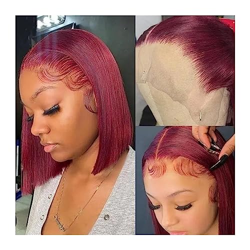 Damen Perücken Burgund HD Transparent kurze Bob Echthaar Perücken rot gerade 13 x 6 x 1 Spitze vorne Perücke for Frauen vorgezupft Haare täglich Perücke(Color:10inches 1PC)