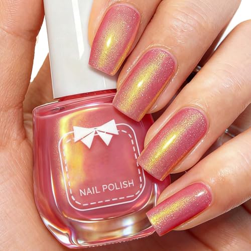 Pink Glitter Pearl Nail Polish, Quick Dry Shimmer Mermaid Varnish with Golden Sparkle, Long Lasting High Gloss No UV Lamp Needed, DIY Home Nail Art Gift for Women