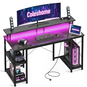 Coleshome Gaming Tisch mit LED-Beleuchtung, Gaming Schreibtisch mit 2 Steckdosen & 2 USB-Anschlüssen, Computertisch mit Monitorständer & Stauraum, Home Office Schreibtisch, Schwarz, 120x50cm