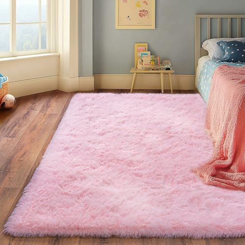 Pink Rug for Living Room, 6x9 Area Rug for Cute Girls Room, Bedside Indoor Floor Fluffy Shag Carpet, Plush Soft Rug for Bedroom Nursery Dorm Home Decor