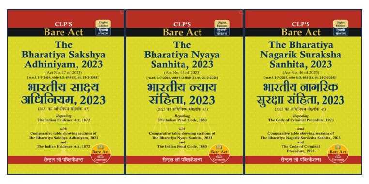 CLP's New Criminal Laws ( diglot edition) Bare acts ( The bharatiya Nyaya Sanhita 2023 , The Bharatiya Nagarik suraksha sanhita 2023 and The Bharatiya Sakshya Adhiniyam 2023 )