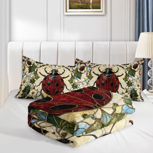 Image of AILONEN Queen Comforter Set 3 Piece, Red Ladybug Blossom Vine 3D Printed Bedding with 2 Pillowcases, Soft Lightweight Microfiber Cottage Decor for Master Suite