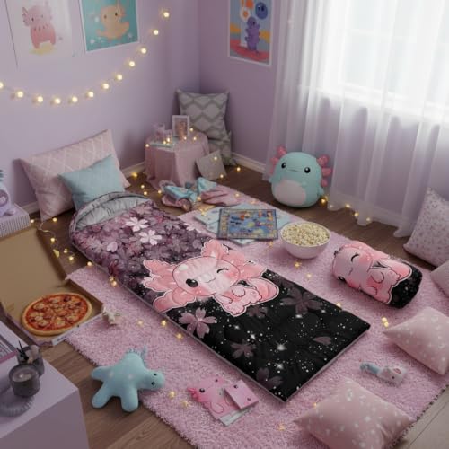 Bolsa de dormir QOOMO Axolotl Cherry Blossom para camping, 3 estaciones, ligera y resistente al agua para adultos y niños miniatura 2