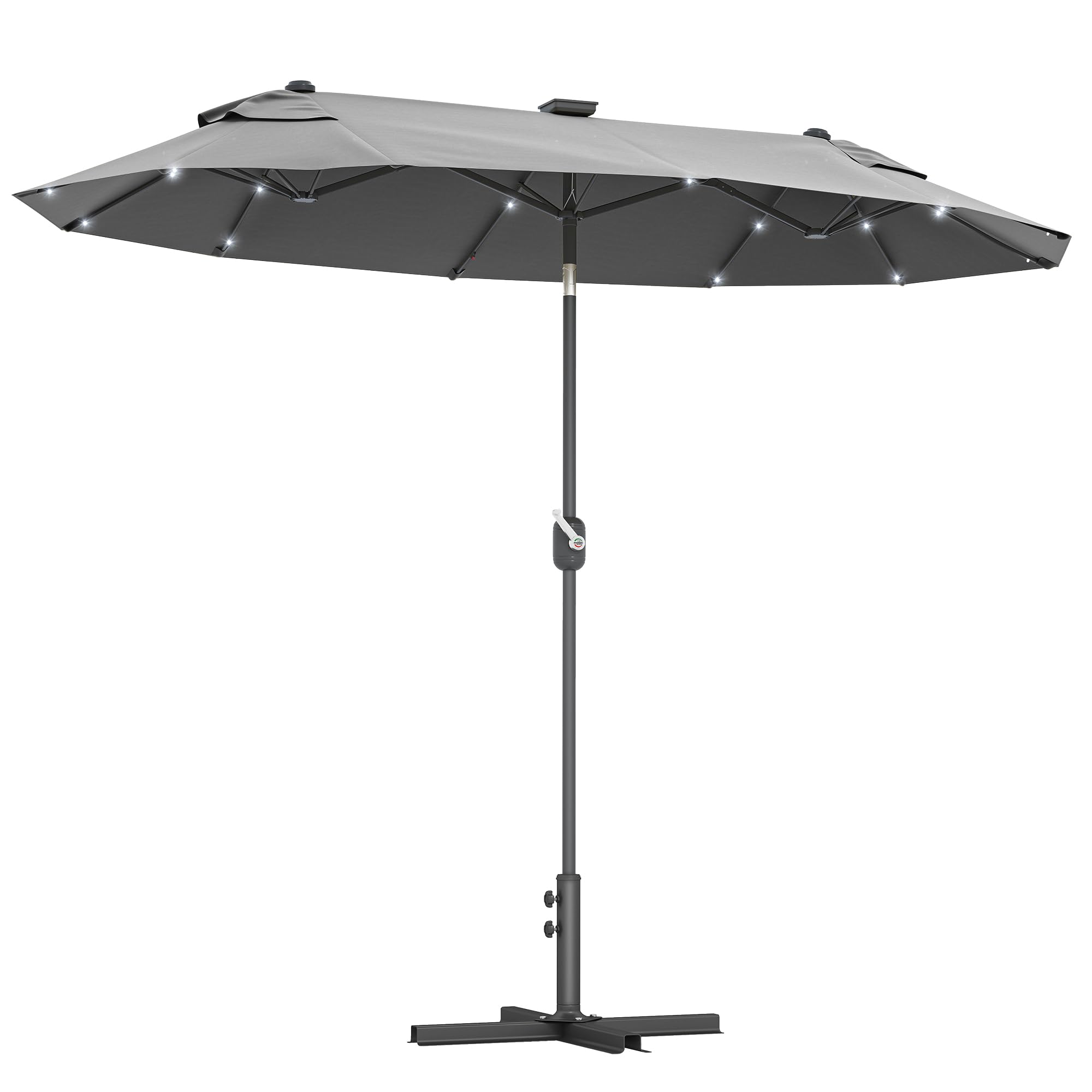 Outsunny Sombrilla Doble con Luces LED Solares Techo 295x150x219 cm Gris | Sombrilla de Jardín, Inclinación Ajustable, Manivela Manual, para Patio Piscina Playa