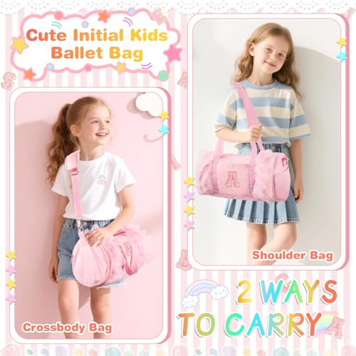 Personalized Initial Dance Bag for Girls, Medium Lace Gym Sport Yoga Cheer Dance Bags Gift for Teen Girls, Cute Letter Kids Ballet Bag Zipper Toddler Travel Duffel Tote with Adjustable Straps(Pink-A)4
