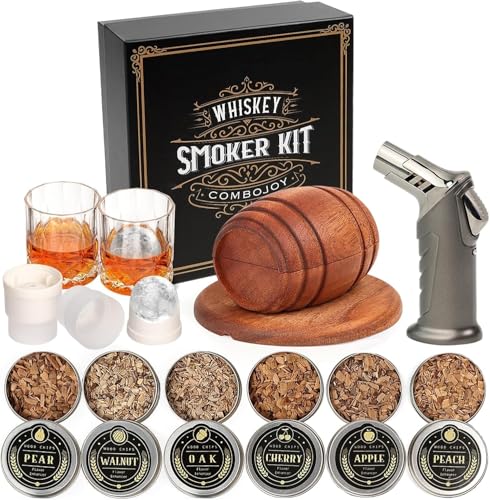 Whiskey Smoker Kit with Torch - 6 Flavors Wood Chips 2 Glasses 2 Ice Ball Molds - Cocktail Smoker Infuser Kit Old Fashioned Drink Smoker Kit Birthday Bourbon Whiskey Gifts for Men Dad(NO Butane)