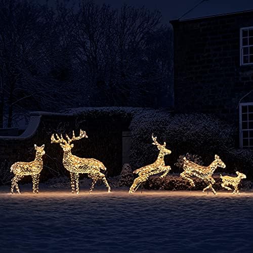 Lights4fun 5er Set Harlow Rentier Figuren Rattan Rentiere mit Timer