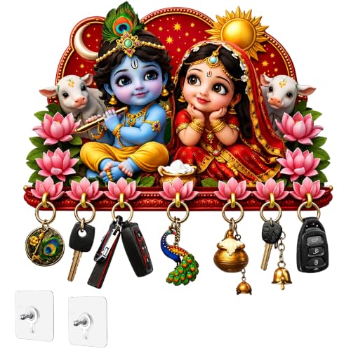 Image of Webelkart Premium Radha Krishna Wooden Key Holder for Home Decor, Wall Mount Key Hanger, Key Chain Holder for Wall, Living Room, Pooja Room (Red)