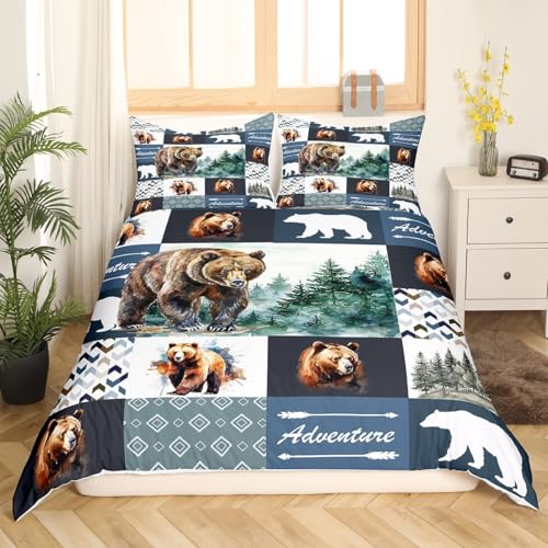 Homemissing Juego de funda de edredón con diseño de oso de animales salvajes, tamaño King, para niños, decoración rústica, cabaña, campo, naturaleza, vida silvestre, oso, colcha para dormitorio