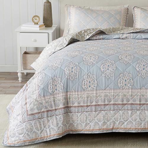Vintage Comfort Floral Full/Queen Quilt Set with Shams, Taupe Vintage Decor Bedding Set, All-Season, Lightweight Bedspreads. Reversible, Farmhouse Bedding. (Full/Queen, Block Floral - Natural)