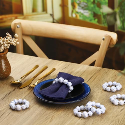 Blushtier GEX-BLUSHTIER-345 12 Pcs Blue And White Wooden Napkin Rings Set Floral Butterfly Elastic Boho Napkin Rings Rustic Farmhouse Napkin Rings Tabletop Decoration thumb #2