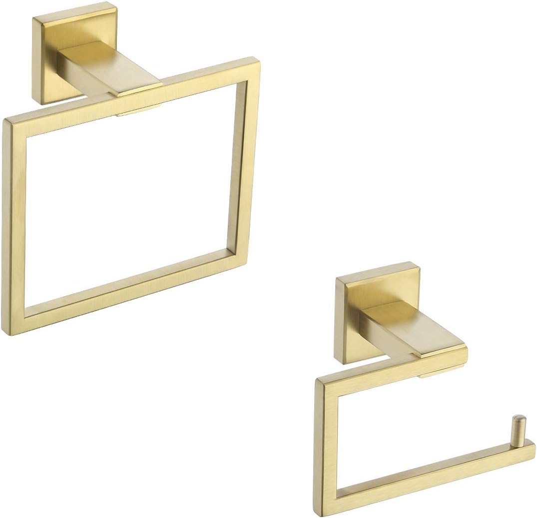 KES Bathroom Accessories Set Toilet Paper Holder Towel Ring SUS304 Stainless Steel Rustproof 2-Piece Modern Wall Mount Brushed Gold Finish, LA24BZ-21