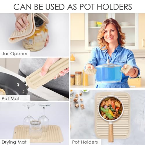Image of QPIX DIGITAL 4 Pack Silicone Trivets for Hot Dishes, Large & Heat Resistant Silicone Pot Holder Hot Pads for Kitchen, 9x12 Beige Silicone Trivet Mat for Hot Pots and Pans, Jar Opener, Drying Mat