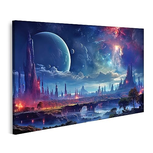Planetes paysage etoiles tableau sur toile violet pour habiller un grand mur vide